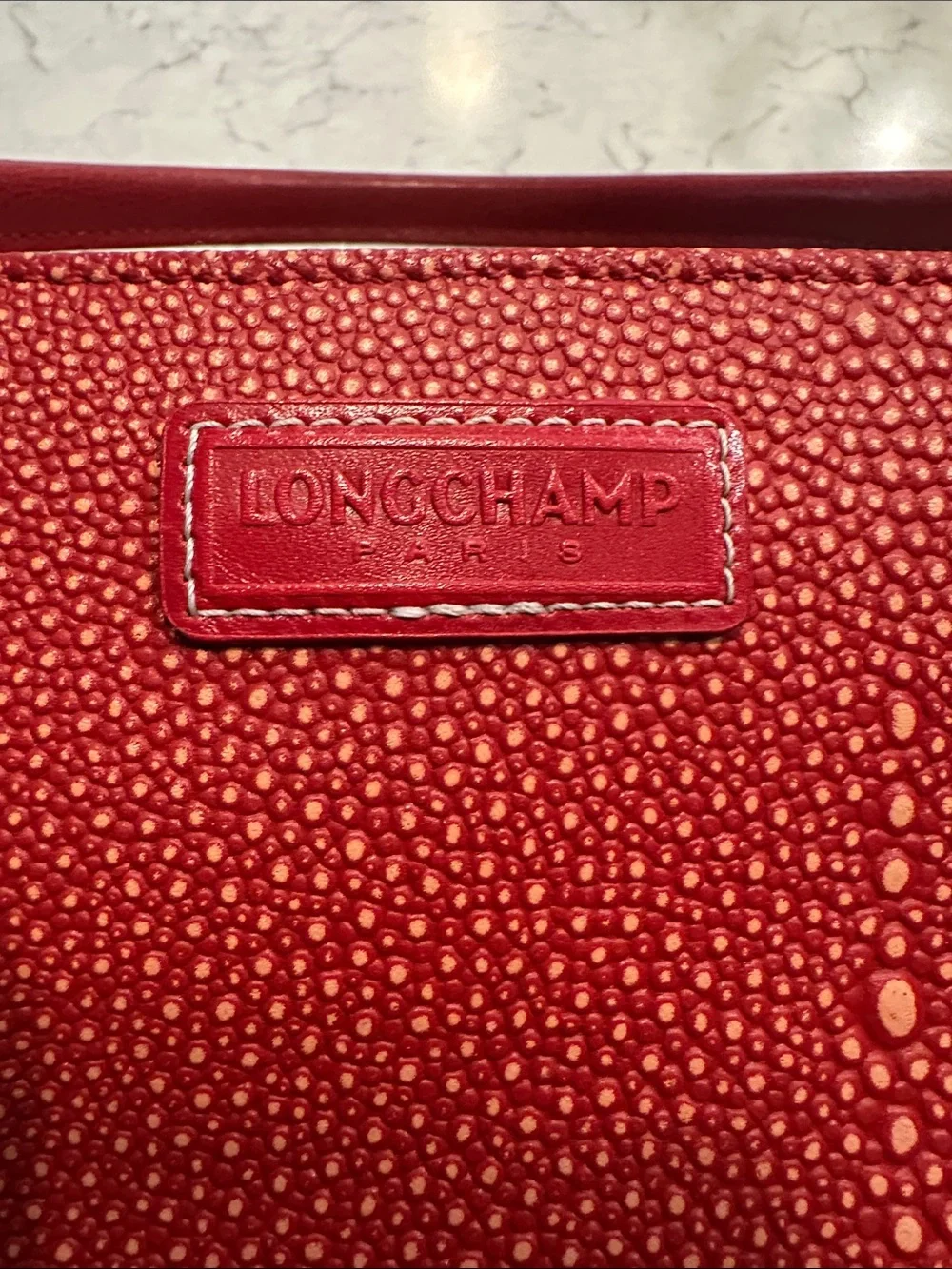 Longchamp Red Leather Tote with Textured Center Panel - Picture 6 of 13